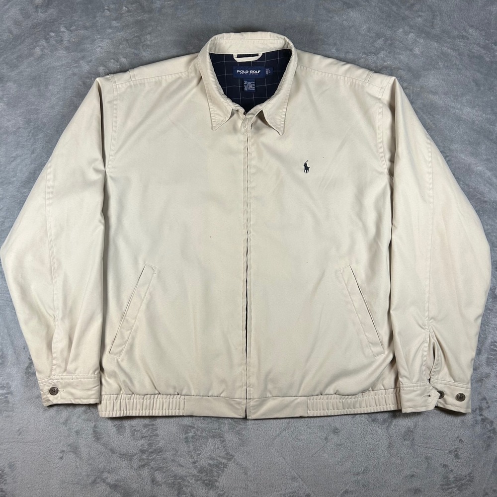 Polo Golf Ralph Lauren Mens Harrington Jacket Beige Tan Plaid Lined Large Logo